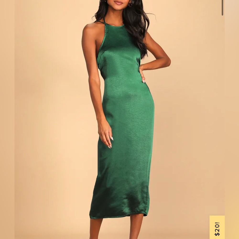 Emerald Green Satin Tie-Back Halter Midi Slip Dress